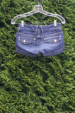 Marciano Jean Shorts, waist measures 26 inches, length 8.5 inches. Shallow pockets in front. Fake pocket in the back (sigh I know), Blue, 98% Cotton, 2% Spandex, women's Pants, women's Blue Pants, Marciano women's Pants, jean shorts, summer short, 