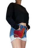 Sunday Best Black Crop Top, High rise shorts with unique design that goes with your unique style, Blue, 100% Cotton, Shorts, jean shorts, women's jean shorts, fashionable shorts, shorts with unique design, women's fourth of July shorts