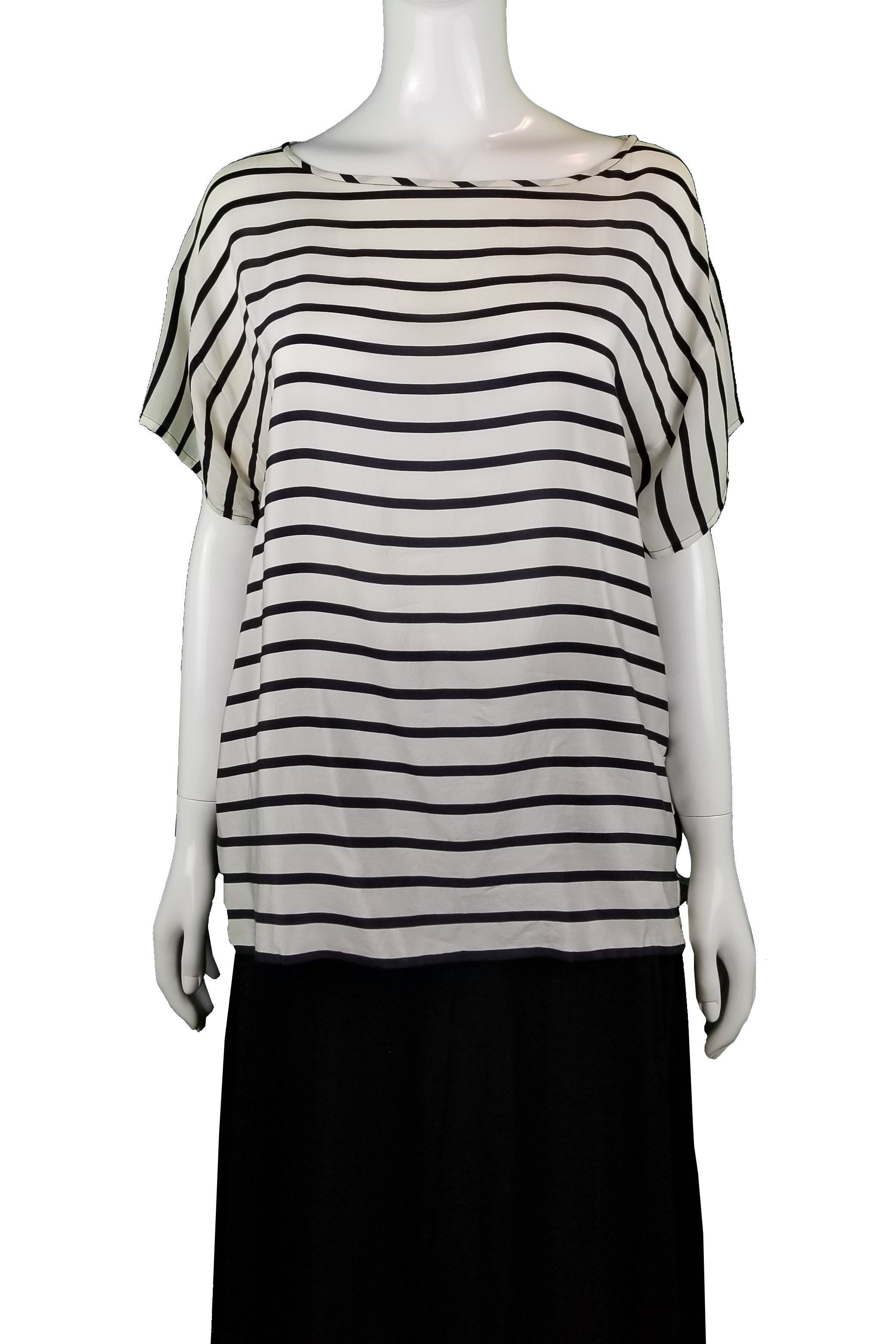 Club Monaco B/W Stripped Shirt, Feeling a little unconventional? Get this cute stripped  shirt with front and back of different patterns., Black, White, 100% Silk, women's Tops, women's Black, White Tops, Club Monaco women's Tops, Women's black and white top, women's top, women's shirt, women's summer top