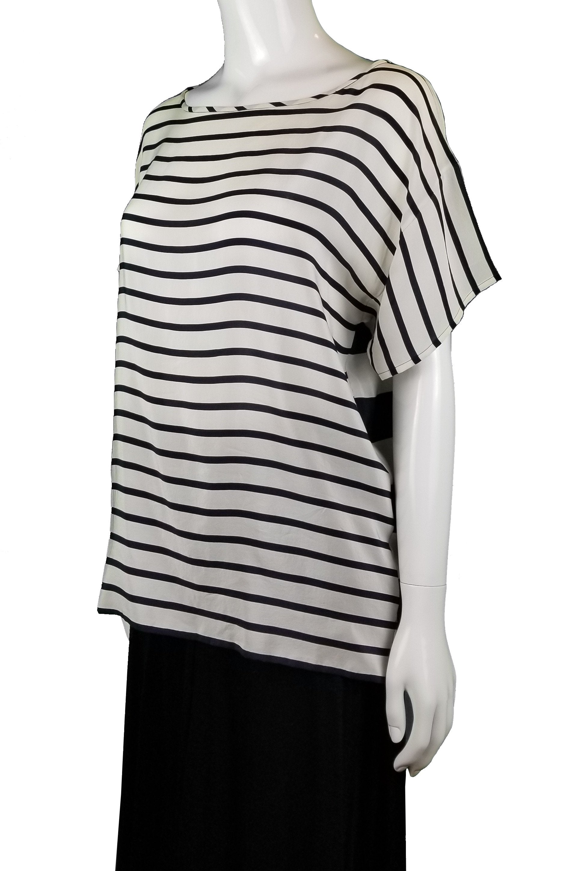 Club Monaco B/W Stripped Shirt, Feeling a little unconventional? Get this cute stripped  shirt with front and back of different patterns., Black, White, 100% Silk, Women's black and white top, women's top, women's shirt, women's summer top