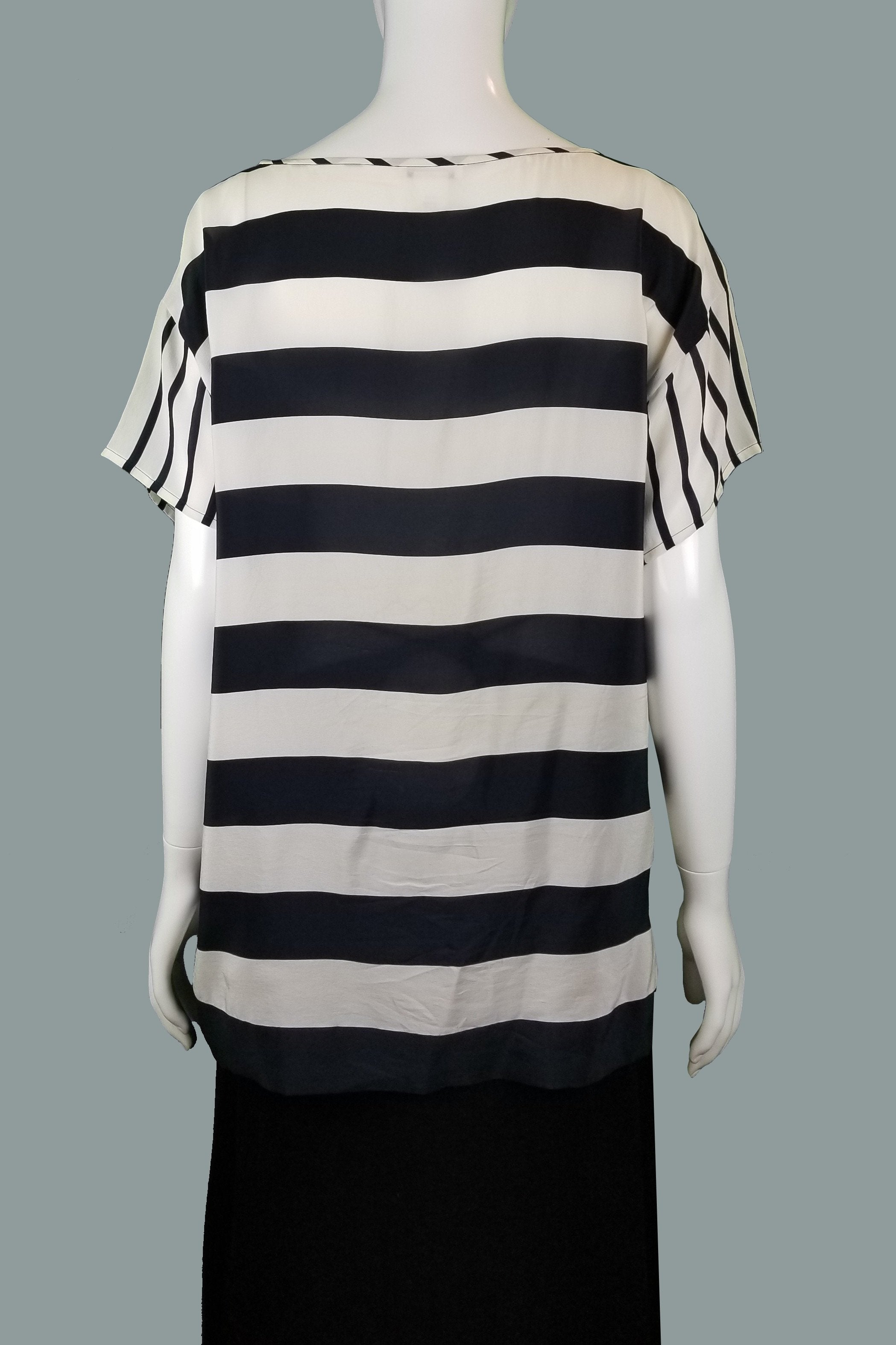Club Monaco B/W Stripped Shirt, Feeling a little unconventional? Get this cute stripped  shirt with front and back of different patterns., Black, White, 100% Silk, Women's black and white top, women's top, women's shirt, women's summer top