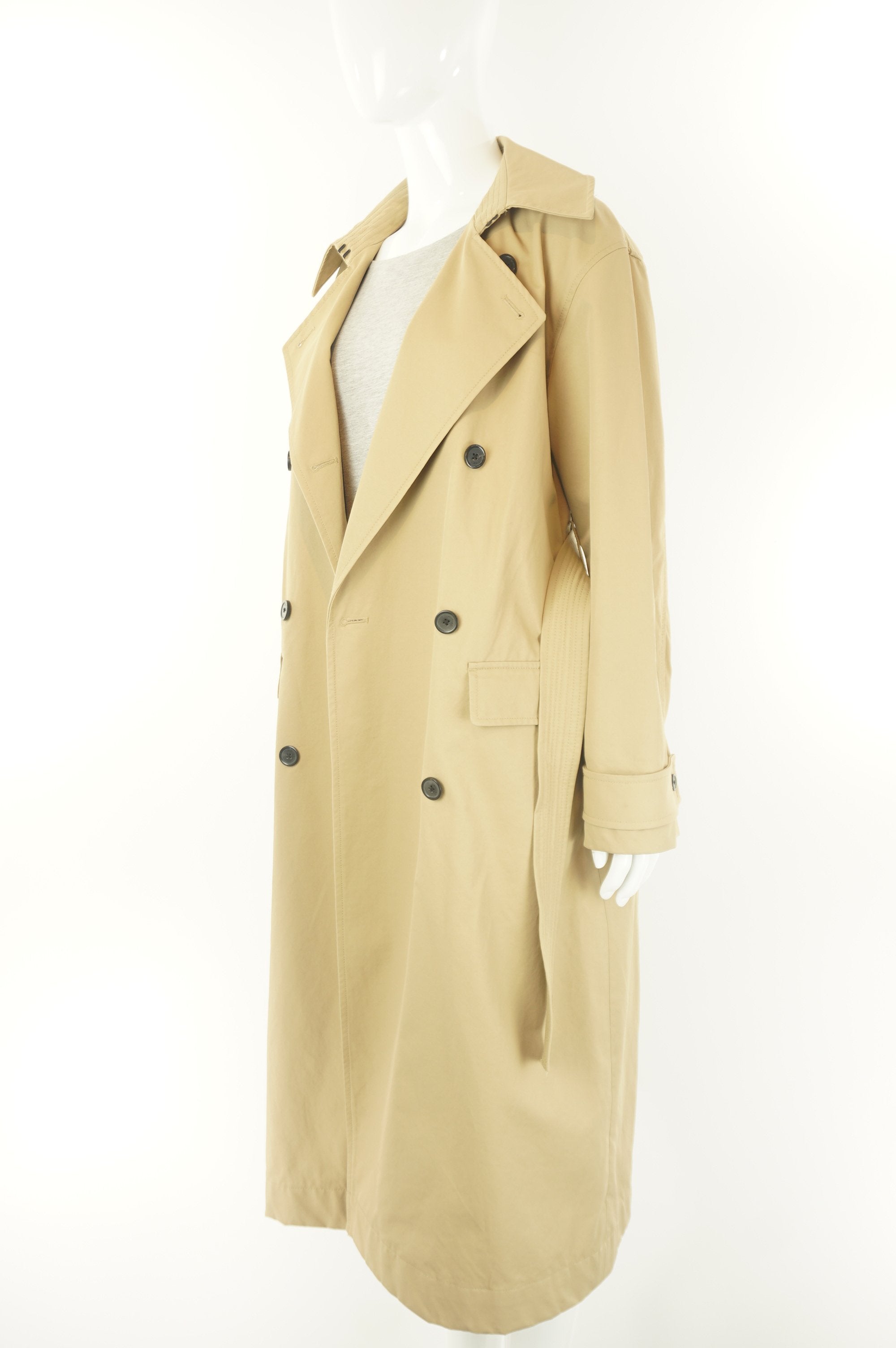 Wilfred Trench Coat, The classic looking trench coat that is perfect for spring! Belted and double breasted design. Fits better on a taller individual., Brown, 52% cotton. 48% Nylon, 