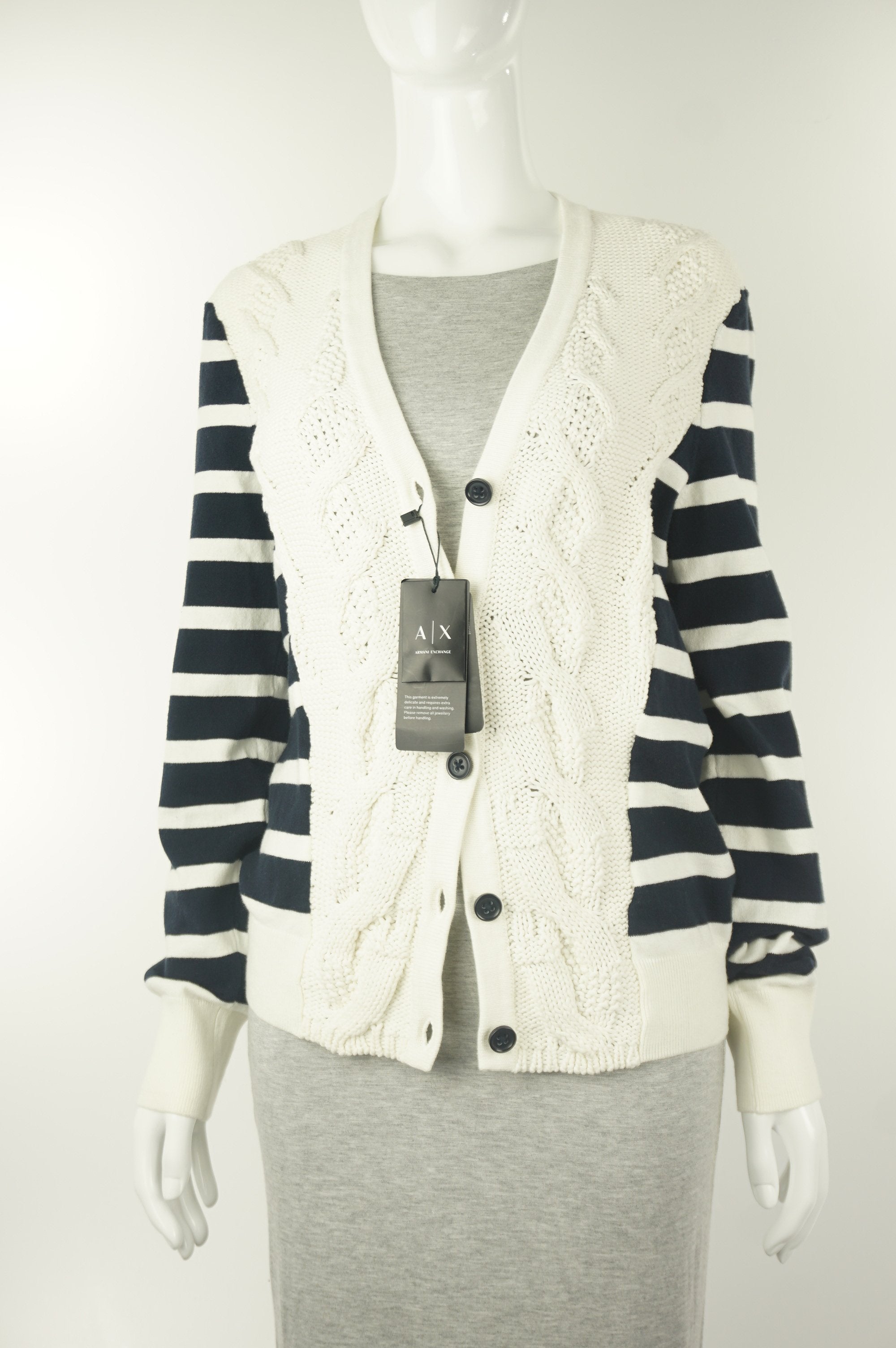A|X Armani Exchange Short Cardigan, Knitted cardigan from A|X. Tag still on., Blue, White, 80% cotton, 18% polyamide, 2% elastane, women's Jackets & Coats, women's Blue, White Jackets & Coats, A|X Armani Exchange women's Jackets & Coats, armarni exchange cardigan, women's cardigan