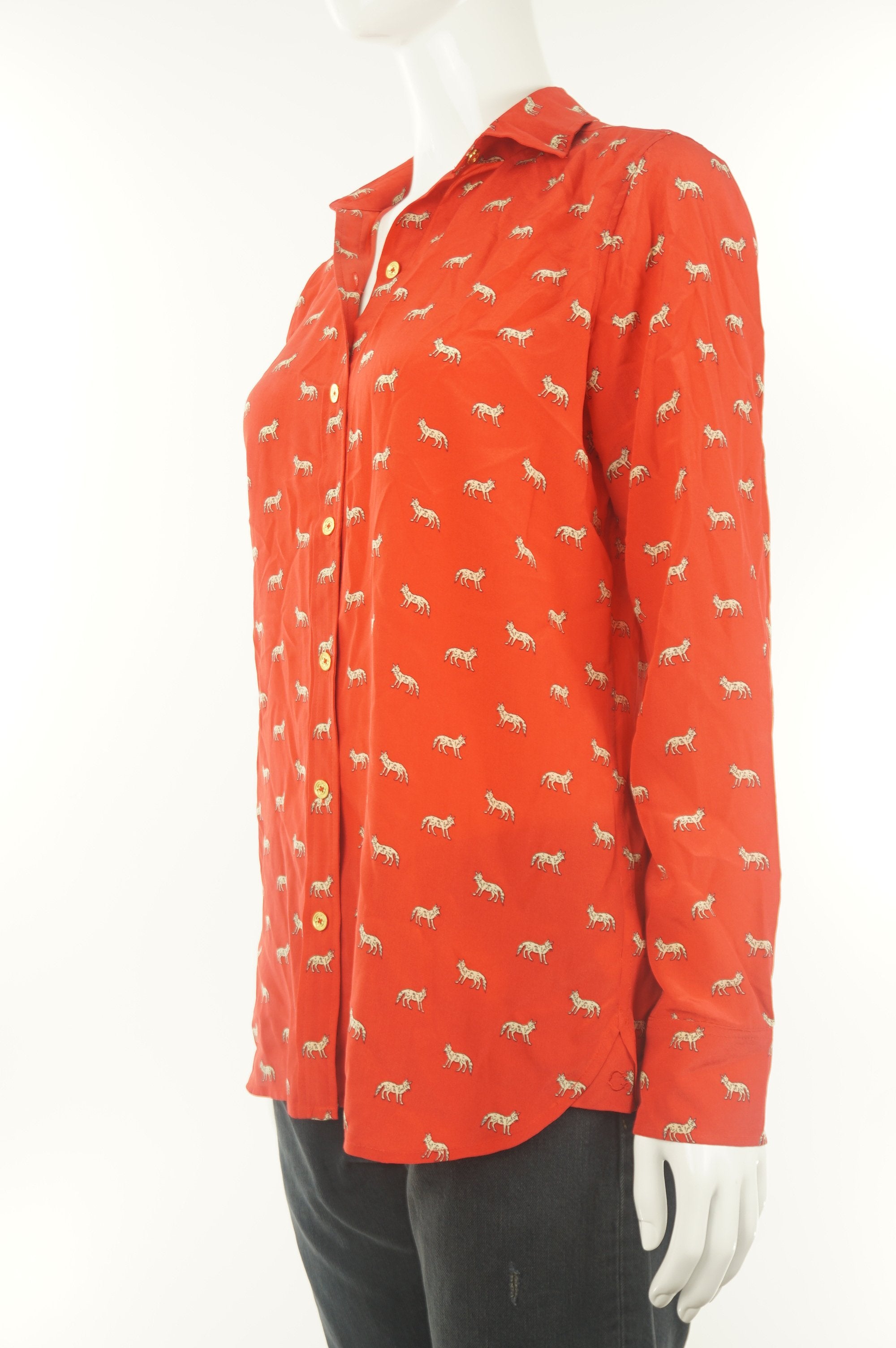 C. Wonder Silk Button Up Shirt Top, Pure silk shirt with cute animal print., Red, 100% silk, 