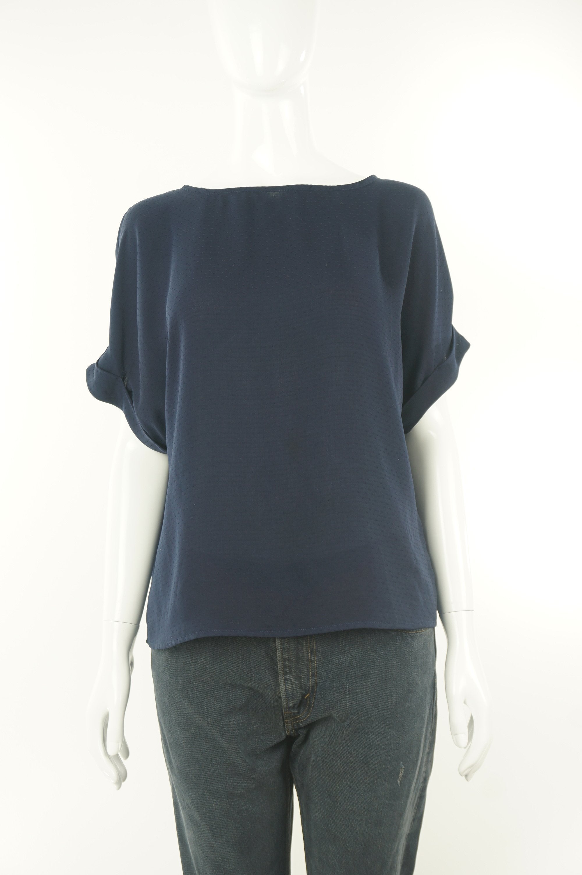 Dynamite Basic and comfy cuffed sleeve navy top, Add the casual and comfortable aspect to your work wardrobe with this cute cuffed sleeves shirt, Blue, 100% Polyester, women's Tops, women's Blue Tops, Dynamite women's Tops, dynamite dark blue top, women's navy blue blouse, women's shirt with folded short sleeves