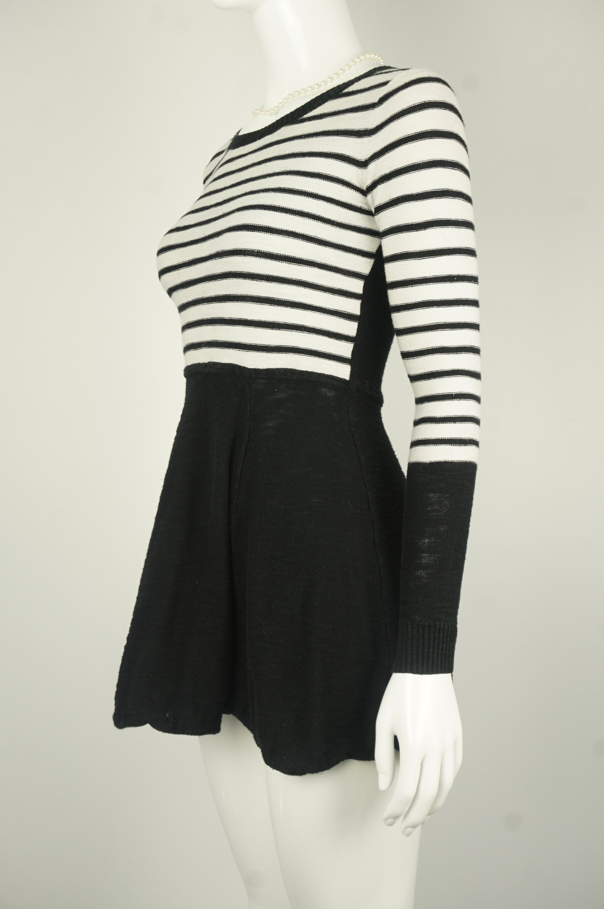 Express Zipper Back Black and White Striped Flare Dress with Long Sleeves, Stripes go with everything and they definitely work well with this black and white business casual winter dress. , Black, White, Warm and stretchy material, women's Dresses & Skirts, women's Black, White Dresses & Skirts, Express women's Dresses & Skirts, Black and White striped flare dress, long sleeves mini dress, warm winter dress