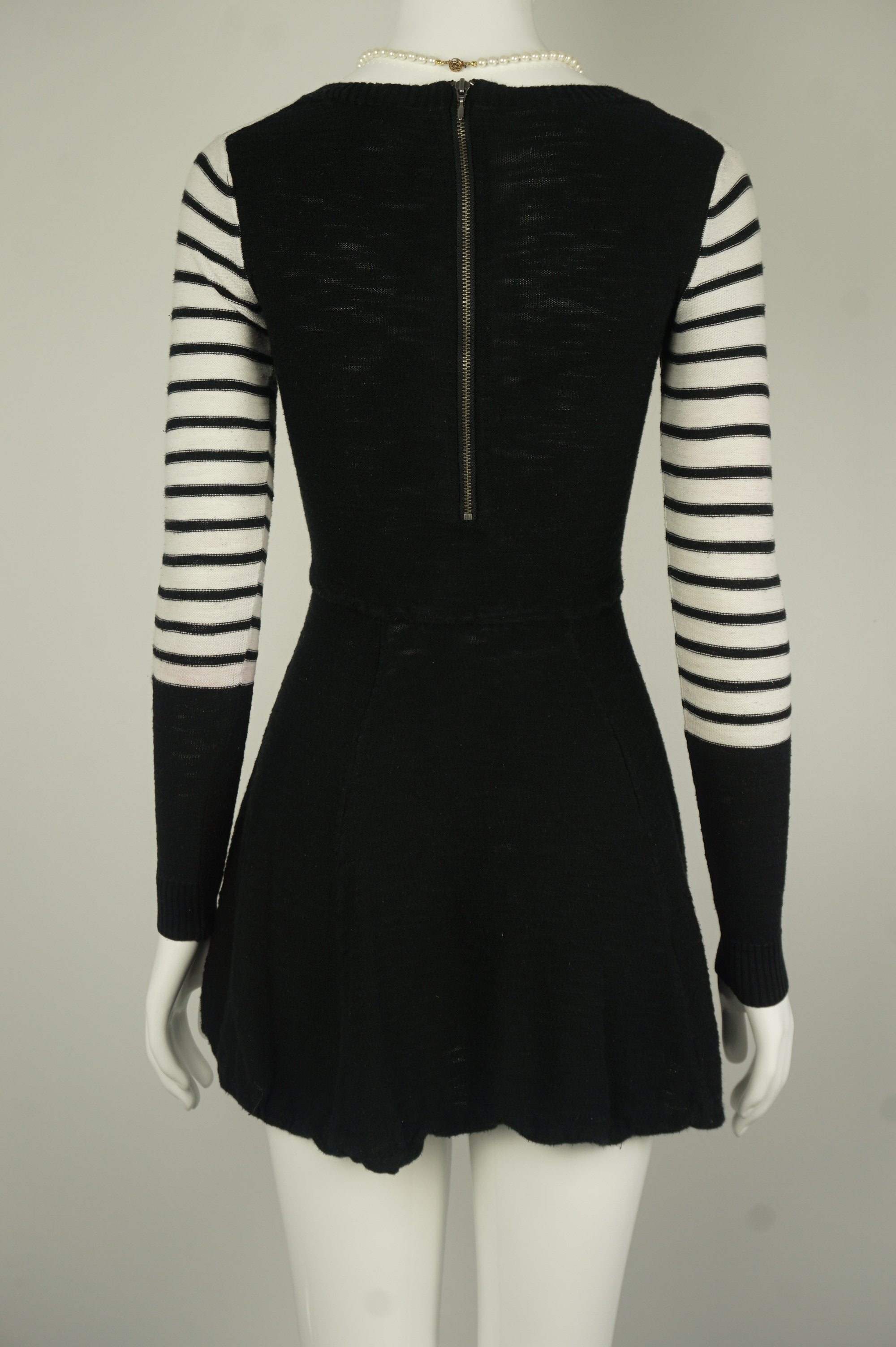 Express Zipper Back Black and White Striped Flare Dress with Long Sleeves, Stripes go with everything and they definitely work well with this black and white business casual winter dress. , Black, White, Warm and stretchy material, women's Dresses & Skirts, women's Black, White Dresses & Skirts, Express women's Dresses & Skirts, Black and White striped flare dress, long sleeves mini dress, warm winter dress
