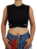 Silence & Noise Black Cutout Crop Top, Crop top with fashionable design., Black, 95% Cotton. 5% Spandex, women's Tops, women's Black Tops, Silence & Noise women's Tops, black Crop top, cute black cutout top, cropped top silhoutte with banded crew-neck and armholes