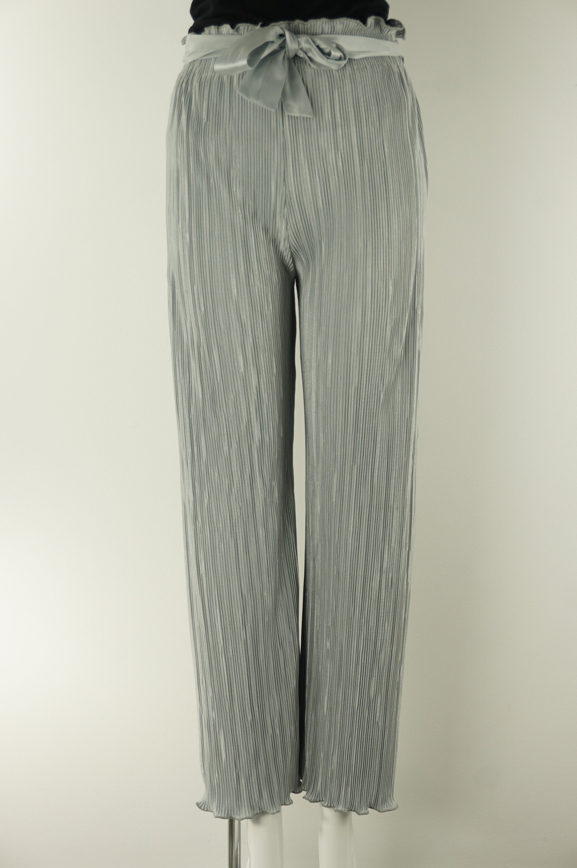 Couturist Pleated Wide Leg Pants with Curl Edge, Probably different from other pants in your closet, this super stretchy pleated pants lets you move around comfortably in style! Elastic waistband with adjustable waist strap., Blue, Grey, Sythetic Stretchy Fabric, women's Pants, women's Blue, Grey Pants, Couturist women's Pants, women's pleated stretchy pants, women's soft silky palazzo pants