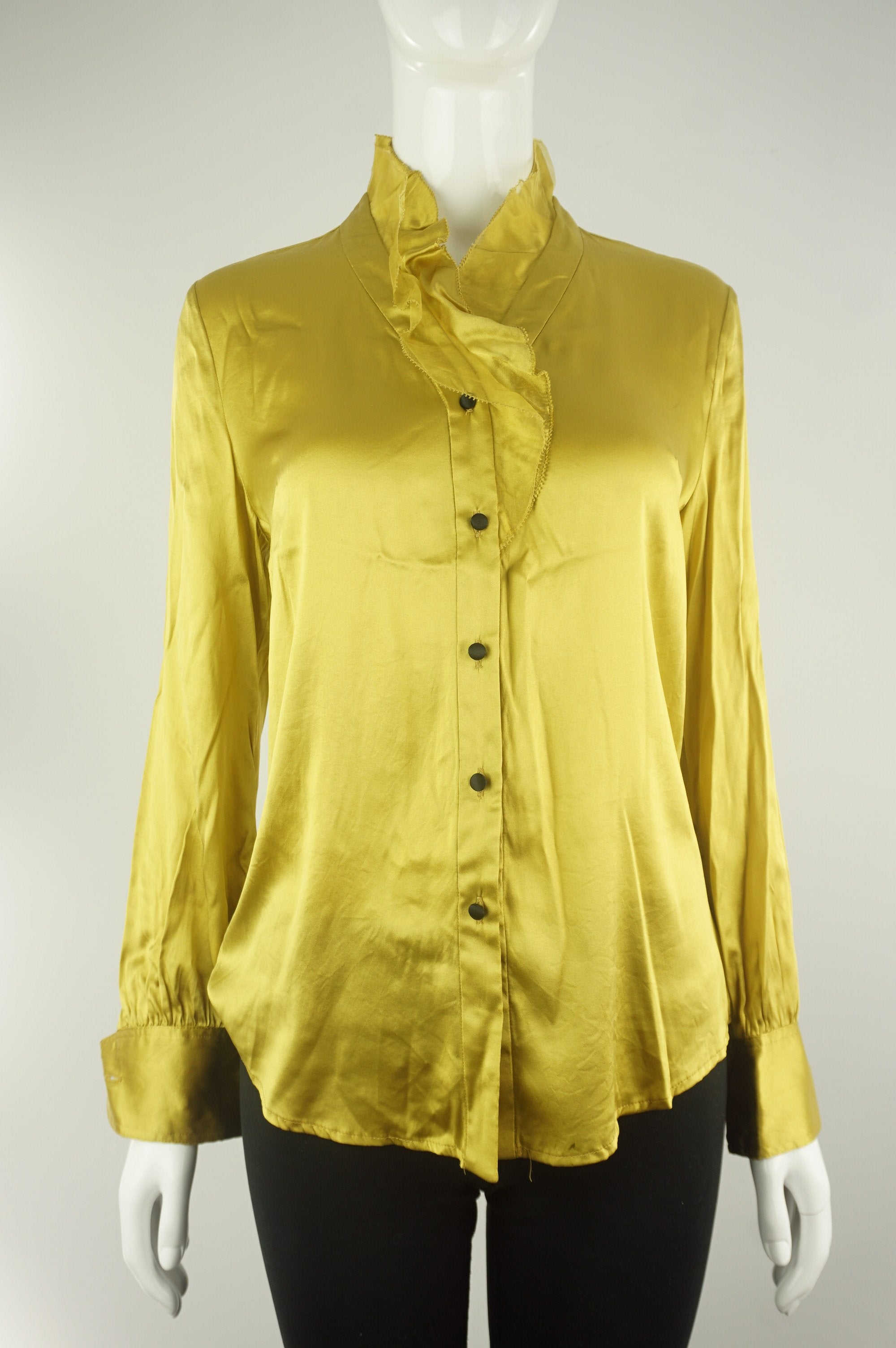 Elli Share Pure Silk Dress Shirt, Super light silk shirt with added spandex for stretchiness and comfort. Stylish on its own or with a kickass blazer.  Labeled Size M but fits Small., Yellow, 97% Silk, 3% Spandex, women's Tops, women's Yellow Tops, Elli Share women's Tops, silk work collar shirt with ruffle neck, silk professional collar shirt