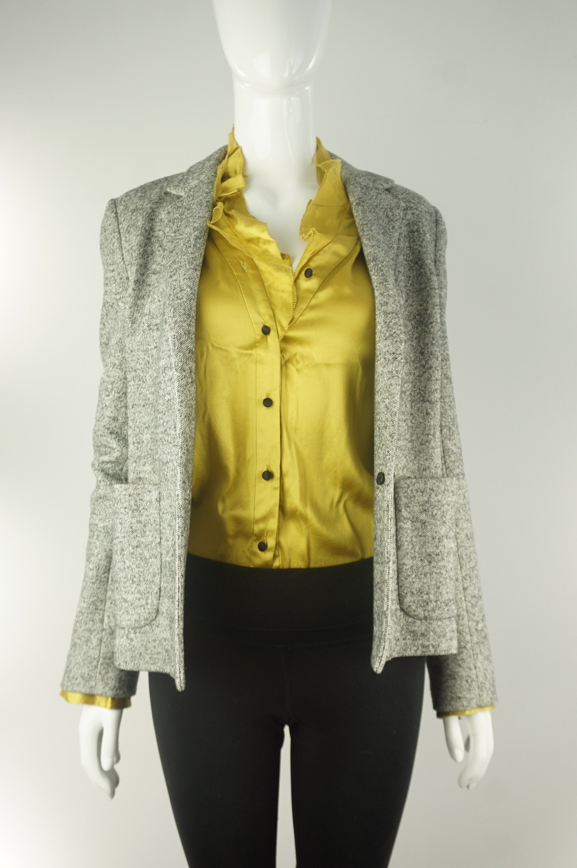 Elli Share Pure Silk Dress Shirt, Super light silk shirt with added spandex for stretchiness and comfort. Stylish on its own or with a kickass blazer.  Labeled Size M but fits Small., Yellow, 97% Silk, 3% Spandex, women's Tops, women's Yellow Tops, Elli Share women's Tops, silk work collar shirt with ruffle neck, silk professional collar shirt