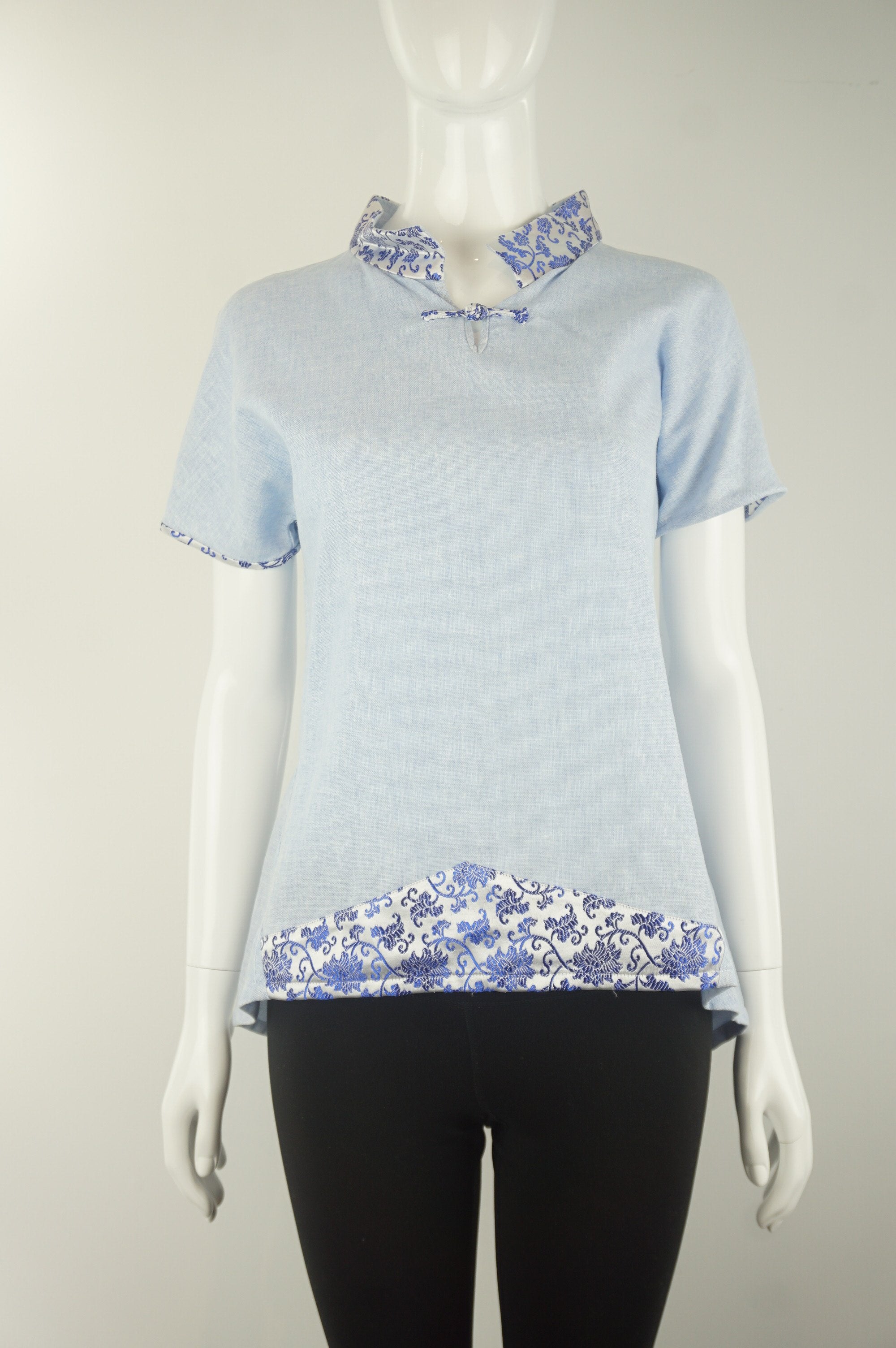 Elli Share Traditional Chinese Style Inspired Top, Unique design featuring traditional Chinese cultural elements but creative modern design. One of a kind grab., Blue, White, Linen, women's Tops, women's Blue, White Tops, Elli Share women's Tops, elegant top, traditional Chinese style top maderin collar, linen shirt, comfortable qibao inspired linen shirt