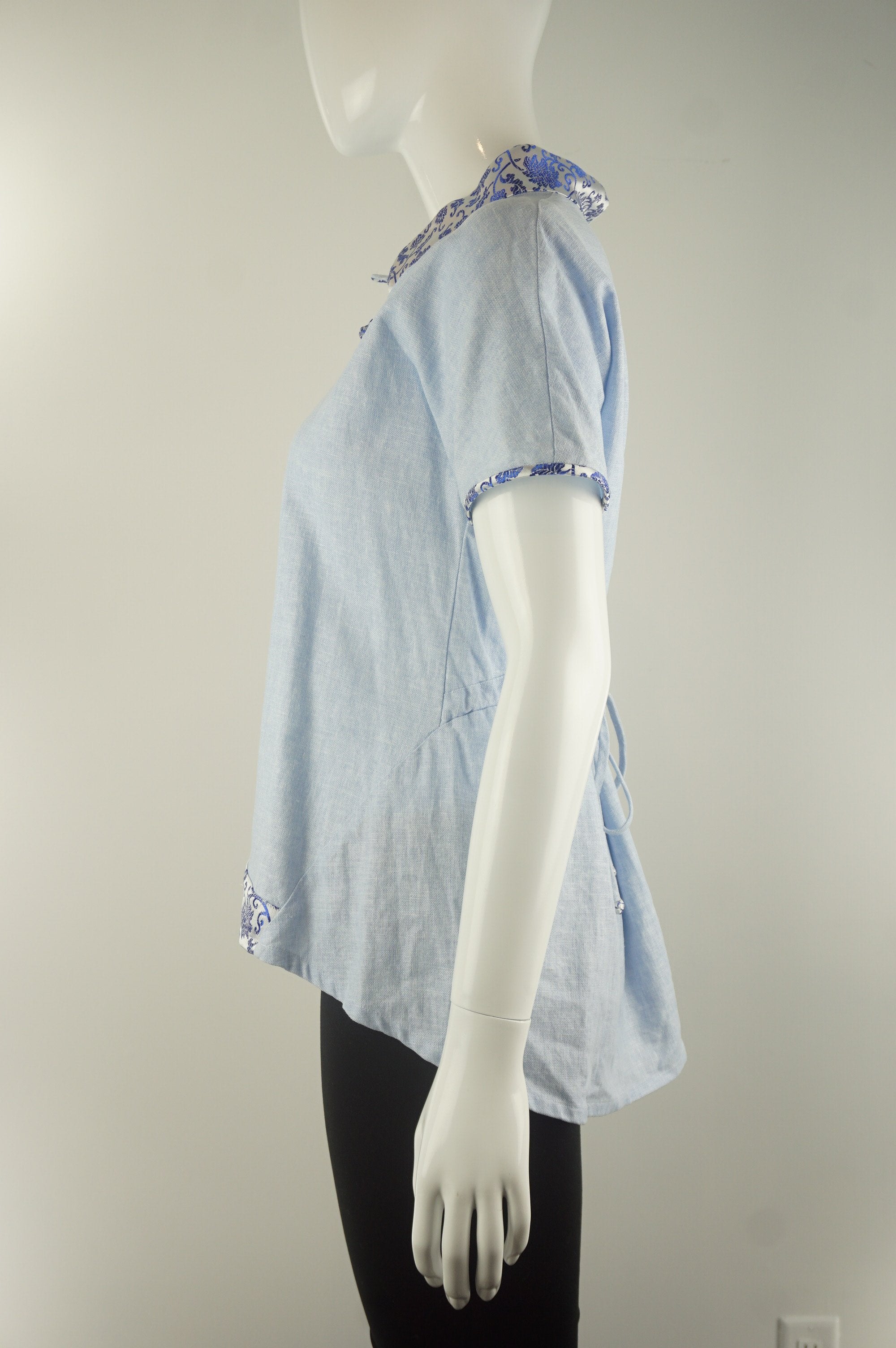 Elli Share Traditional Chinese Style Inspired Top, Unique design featuring traditional Chinese cultural elements but creative modern design. One of a kind grab., Blue, White, Linen, women's Tops, women's Blue, White Tops, Elli Share women's Tops, elegant top, traditional Chinese style top maderin collar, linen shirt, comfortable qibao inspired linen shirt