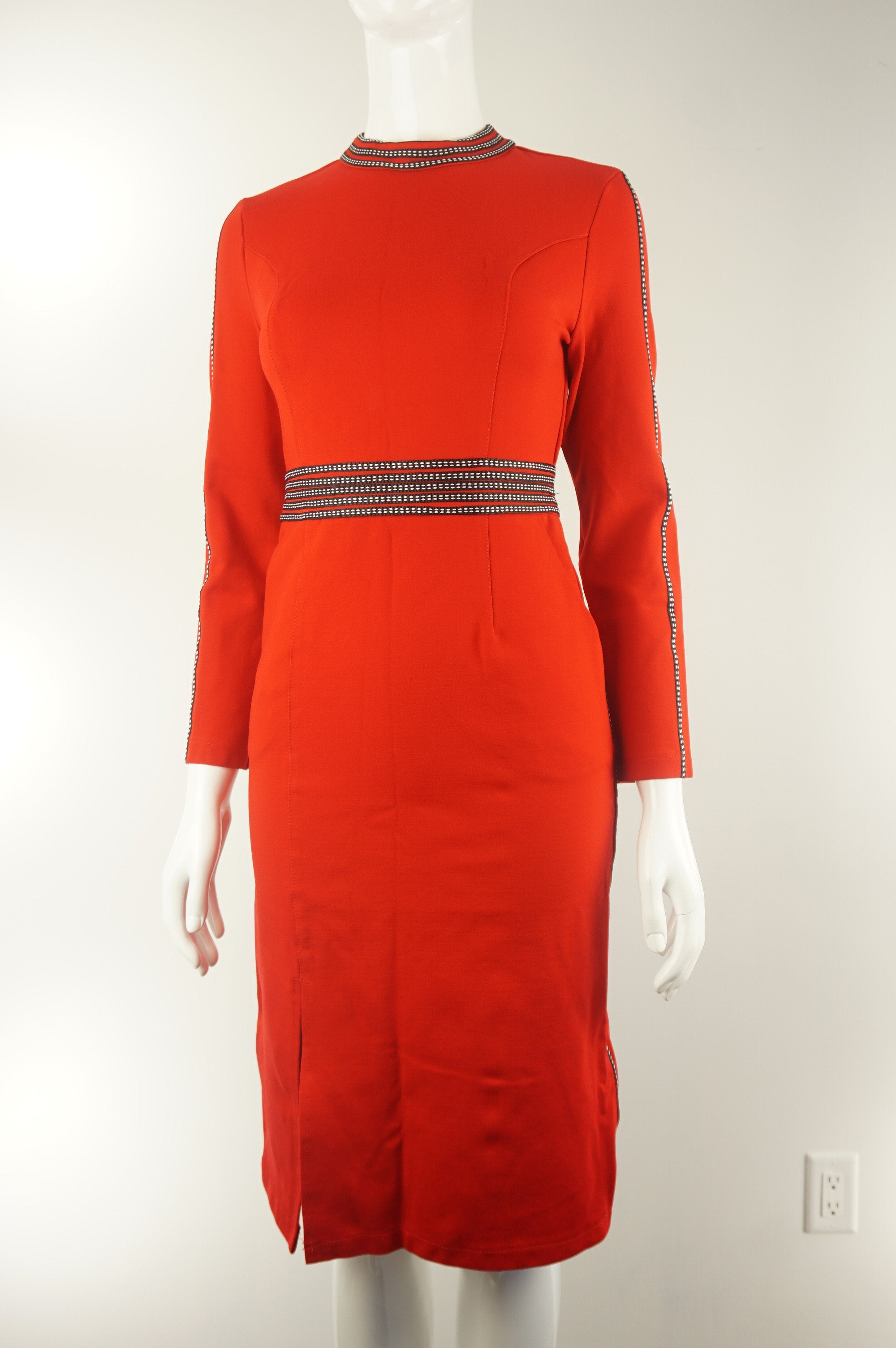 Elli Share Elegant Red Long Sleeve Dress, Elegant red dress with thick fabric. Wear this to a professional event (when we eventually can!) and stand out with the bright color and unique design., Red, Cotton and spandex, women's Dresses & Rompers, women's Red Dresses & Rompers, Elli Share women's Dresses & Rompers, elegant red high neck formal dress, professional midi pencil dress with high heck décor waist long sleeves, long thick red dress, long formal red dress