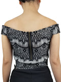 Guess Black and White Lace crop top, Thinking about something to go with your high waisted bottoms? Look no further., Black, White, 97% Polyester, 3% Spandex, women's open shoulder top, women's lace top, black lace crop top
