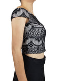 Guess Black and White Lace crop top, Thinking about something to go with your high waisted bottoms? Look no further., Black, White, 97% Polyester, 3% Spandex, women's open shoulder top, women's lace top, black lace crop top