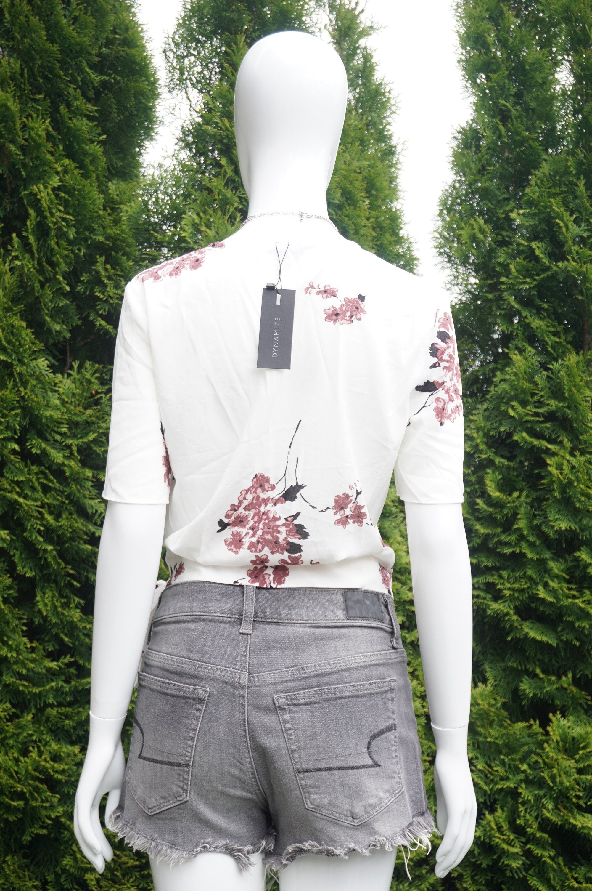 Dynamite Cute Floral Wrap Front Blouse, This cute and stylish wrap front top could be your go to top on a hot summer day., White, 100% Polyester, women's Tops, women's White Tops, Dynamite women's Tops, white floral top, summer top, wrap front top, short sleeve summer top, short sleeve wrap top