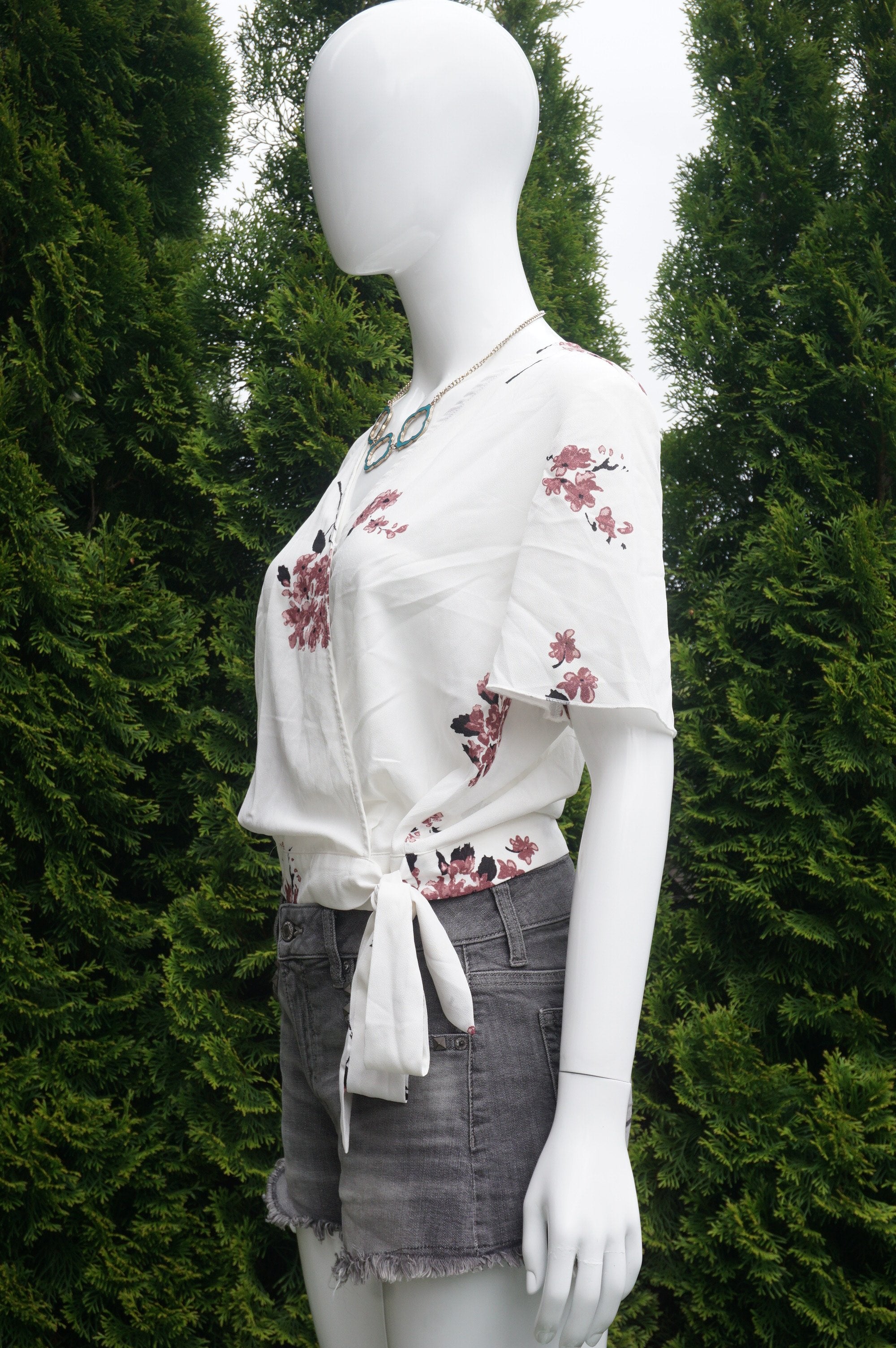 Dynamite Cute Floral Wrap Front Blouse, This cute and stylish wrap front top could be your go to top on a hot summer day., White, 100% Polyester, women's Tops, women's White Tops, Dynamite women's Tops, white floral top, summer top, wrap front top, short sleeve summer top, short sleeve wrap top