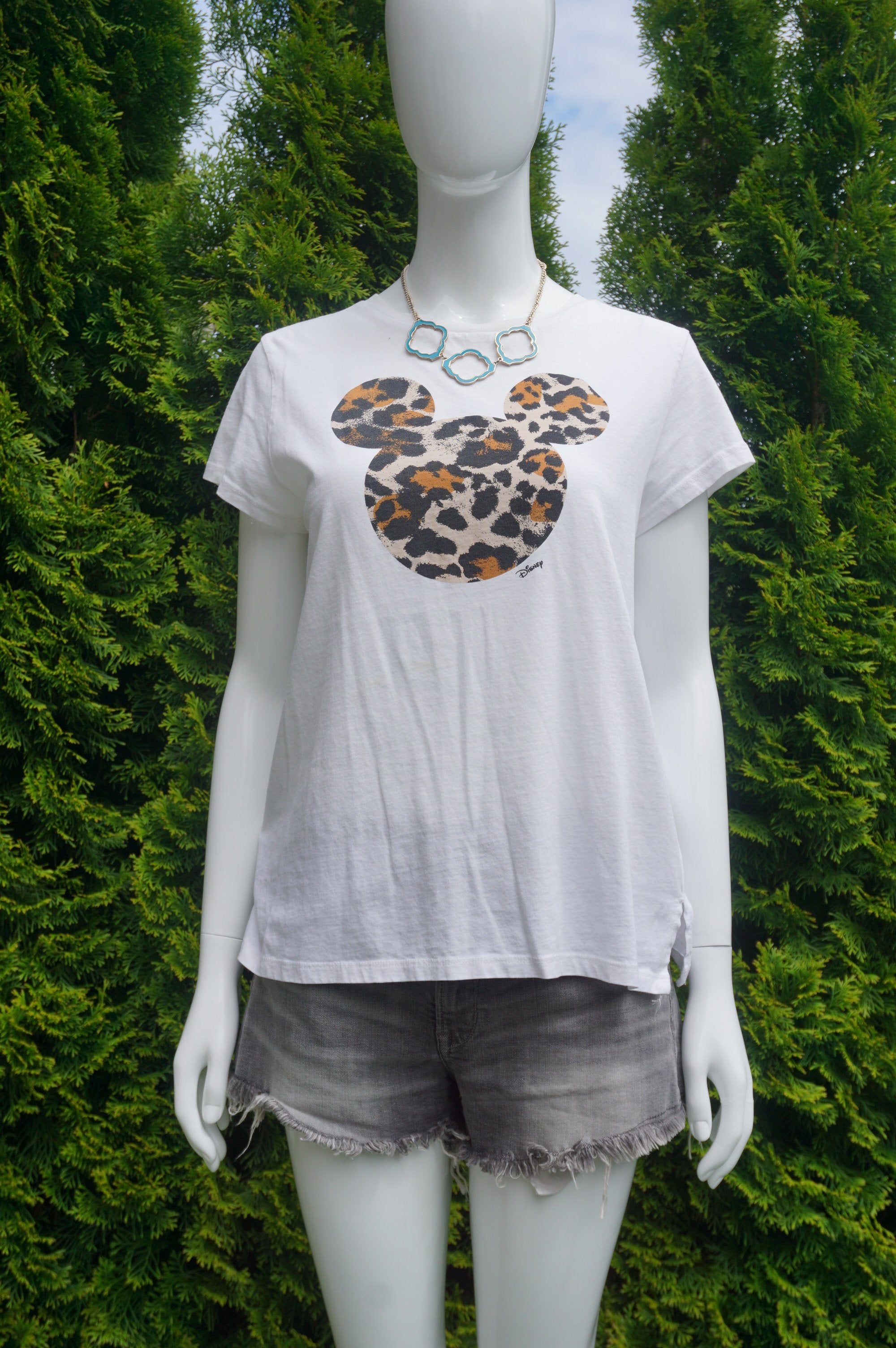 H&M Leopard Print Mickey Mouse T-shirt, Cute t-shirt with unique leopard print Mickey Mouse. Try wearing it tucked in with a pair of casual jeans., White, 100% Cotton, women's Tops, women's White Tops, H&M women's Tops, mickey mouse t-shirt, leopard print Disney mickey mouse t-shirt. Leopard mickey mouse, Disney t-shirt