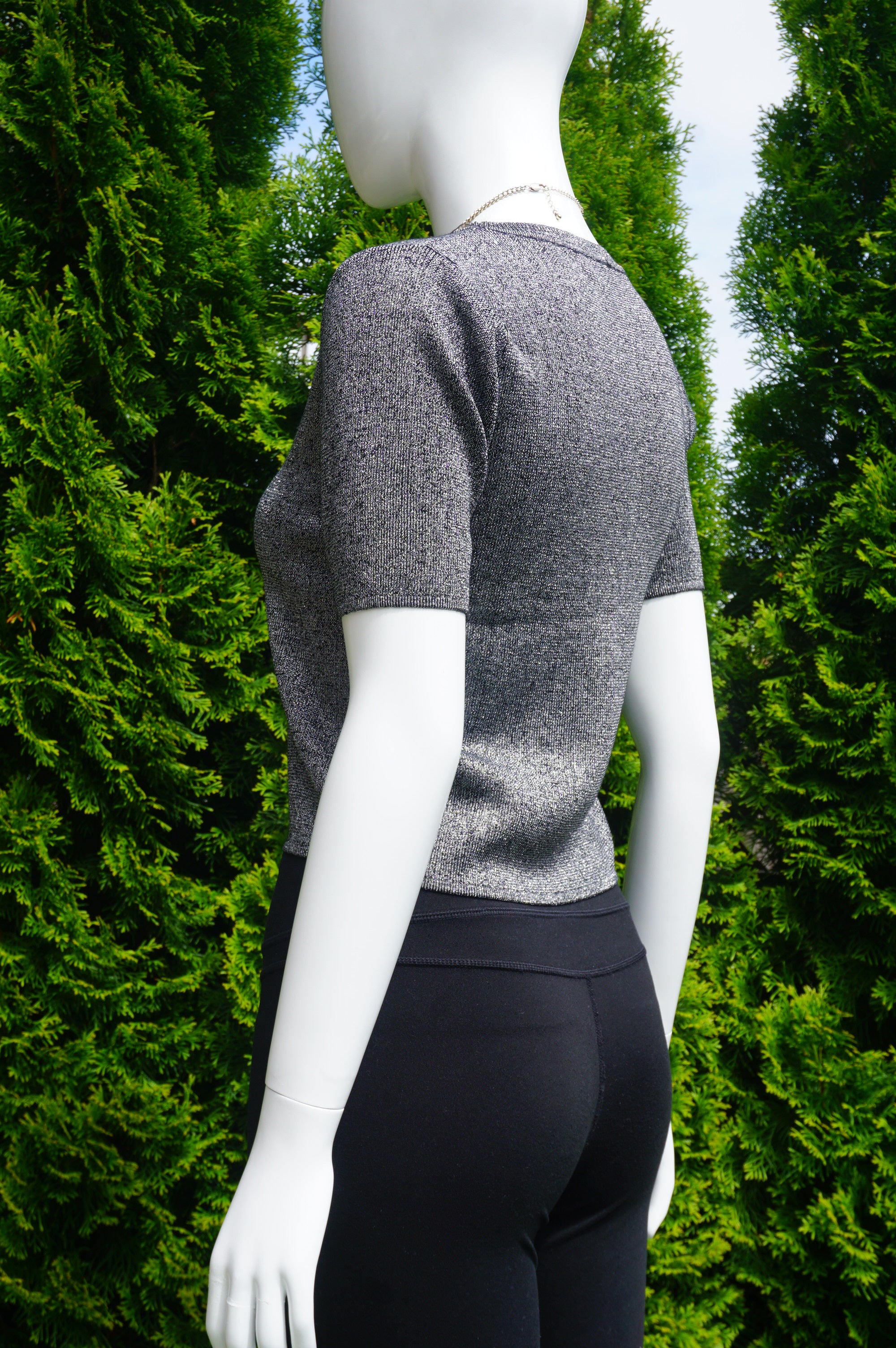 New Look Grey Short Sleeve Metallic Stretchy Top/Sweater