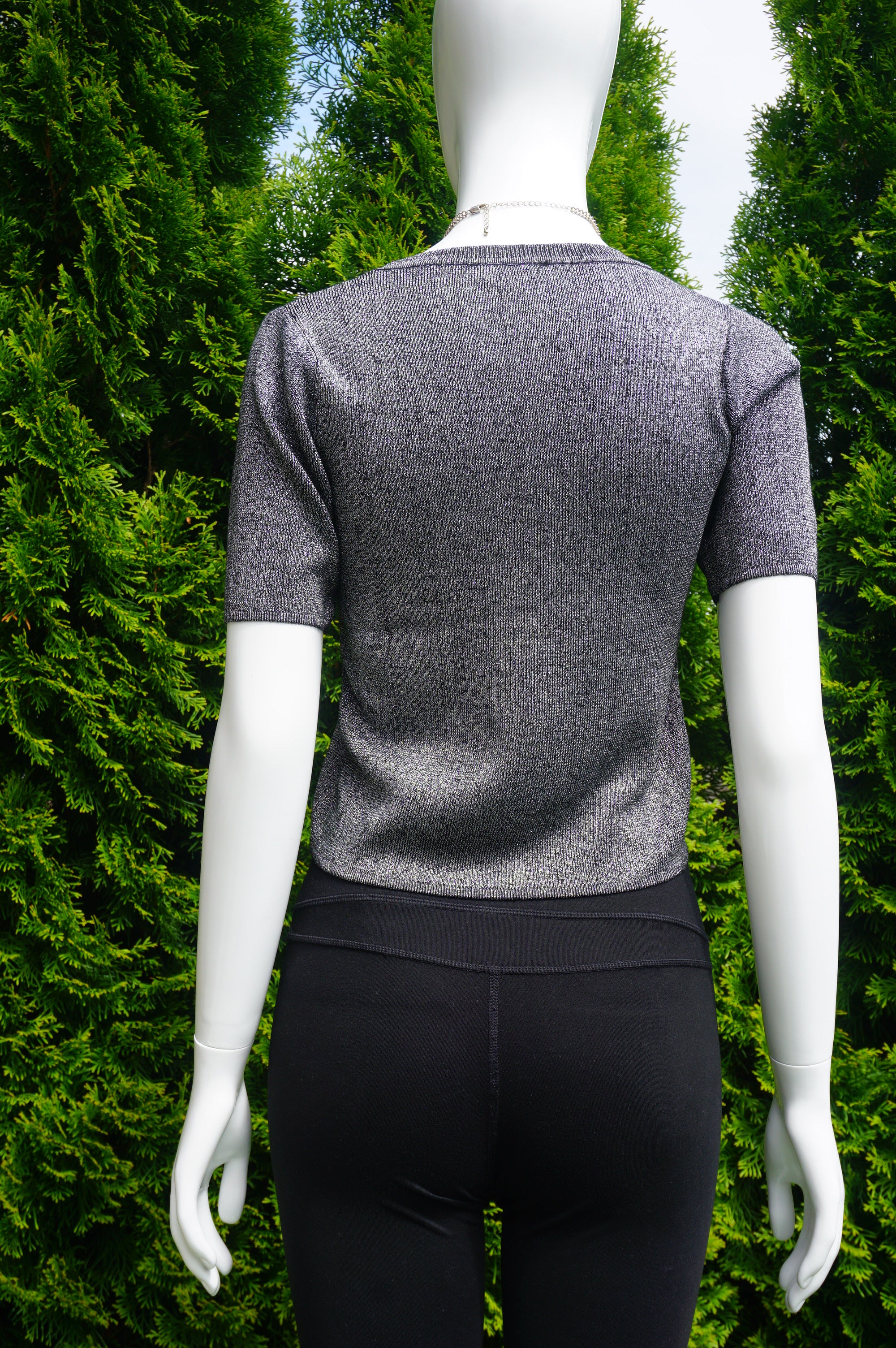 New Look Grey Short Sleeve Metallic Stretchy Top/Sweater