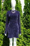 Dynamite Dynamite Mock Neck Sweater Dress with Sultry Open Back, Super soft velvety texture. Perfect for the holiday season. Definitely the opposite of an ugly sweater., Blue, 100% Polyester, women's Dresses & Rompers, women's Blue Dresses & Rompers, Dynamite women's Dresses & Rompers, sweater dress, long sweater, velvet sweater, holiday sweater, open back sweater dress,