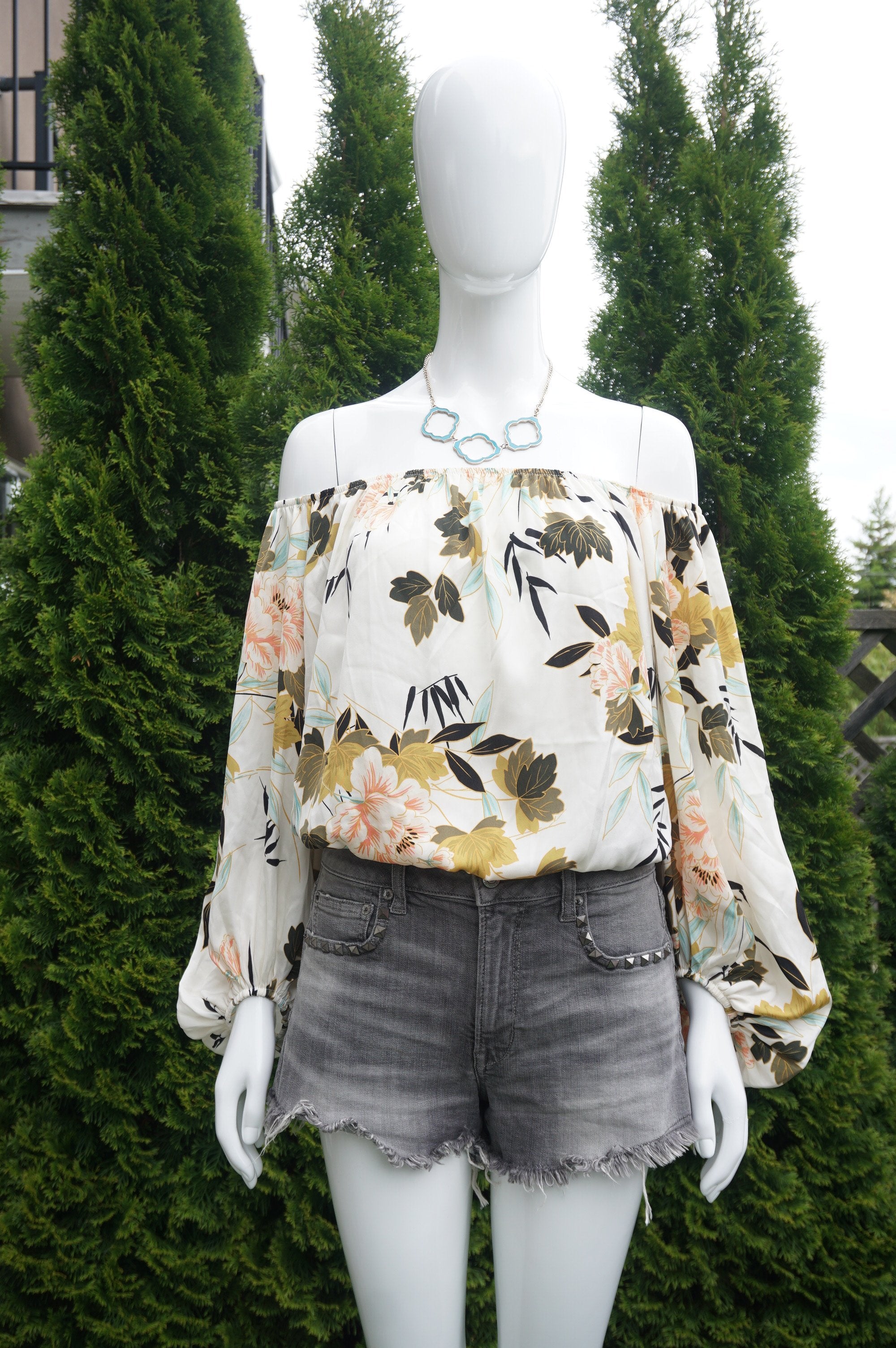Zara Floral Off Shoulder Long Sleeve Bodysuit Top, Super comfy and stretchy bodysuit top. A date in the summer maybe?, White, 85% Polyester, 15% Elastane, women's Tops, women's White Tops, Zara women's Tops, summer top, bodysuit top, floral bodysuit, off shoulder bodysuit, long sleeve bodysuit.