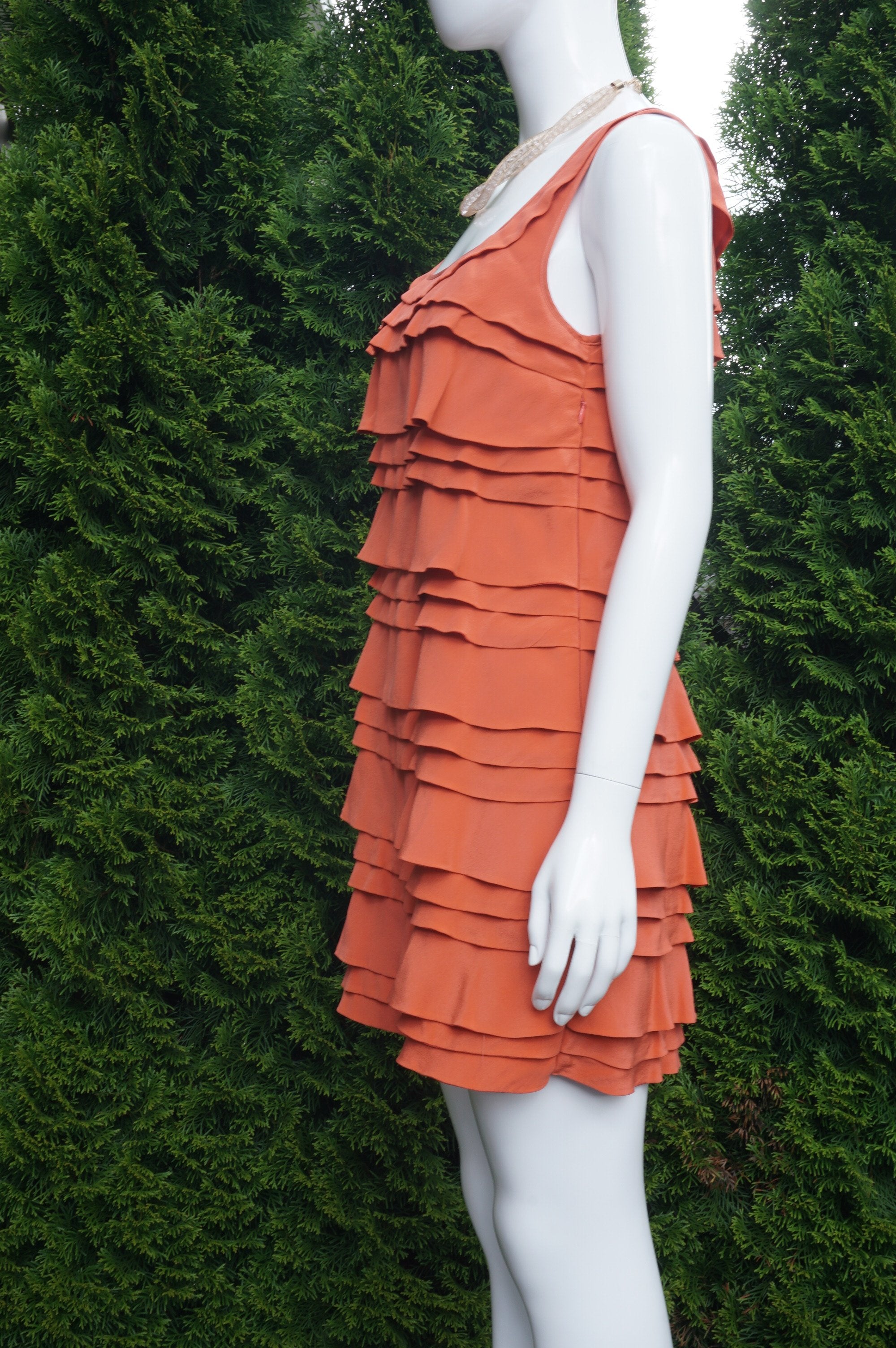 French Connection Orange Silk Sleeveless Ruffle Dress, bust 34 inches, Waist 32 inches, length 32 inches. Zipper on left side. , Orange, Outer shell: 100% silk, back shell: 100% Polyester, lining: 100% polyester, women's Dresses & Rompers, women's Orange Dresses & Rompers, French Connection women's Dresses & Rompers, ruffle dress, orange dress, sleeveless dress