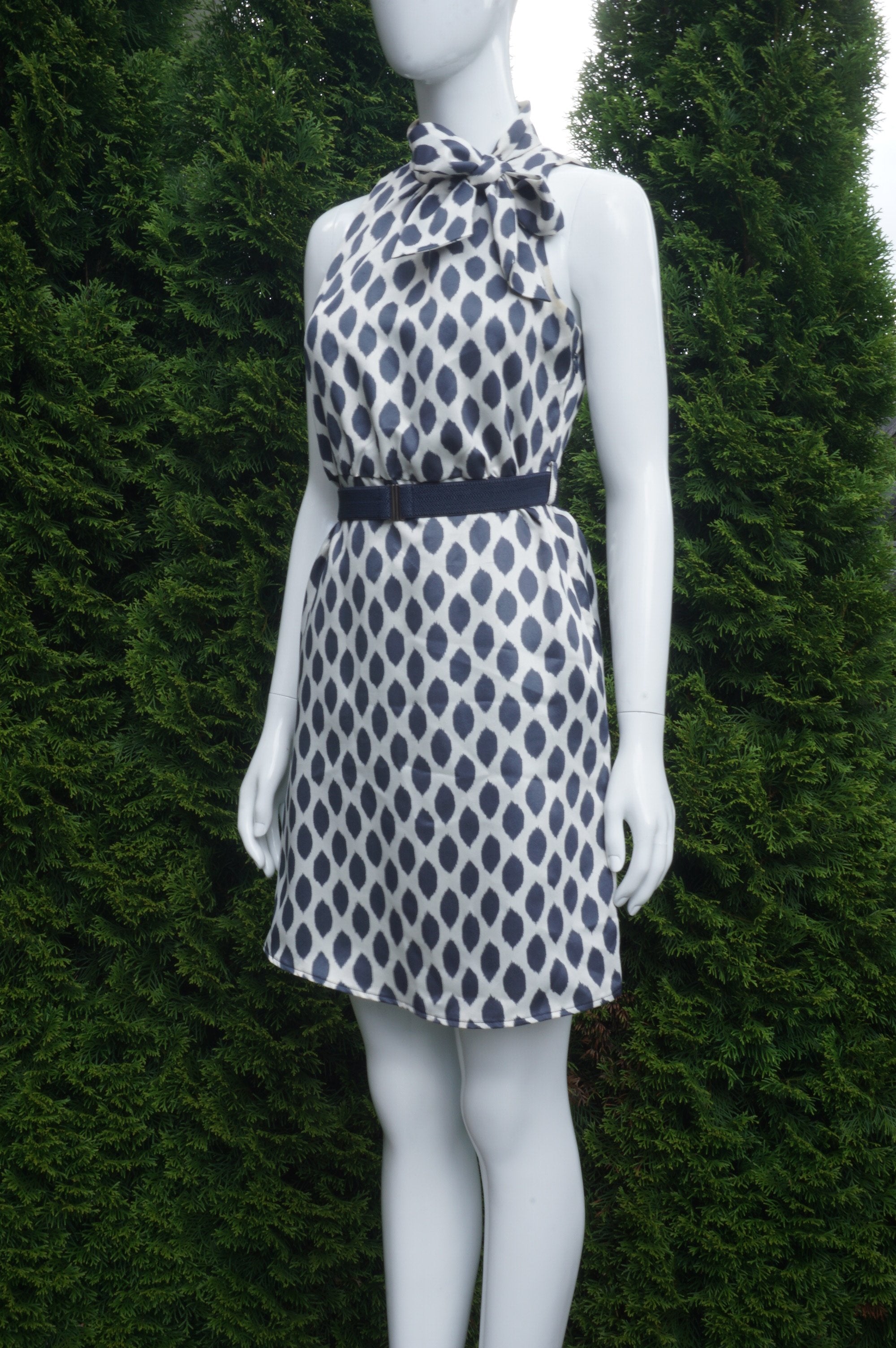 Love 21 Polka Dot Sleeveless Dress with Neck Tie, Zipper on the side. Bust 34 inches, waist 28 inches. Length 35 inches., White, Blue, Shell and lining: 100% Polyester, women's Dresses & Rompers, women's White, Blue Dresses & Rompers, Love 21 women's Dresses & Rompers, polka dot dress, sleeveless dress, neck tie dress