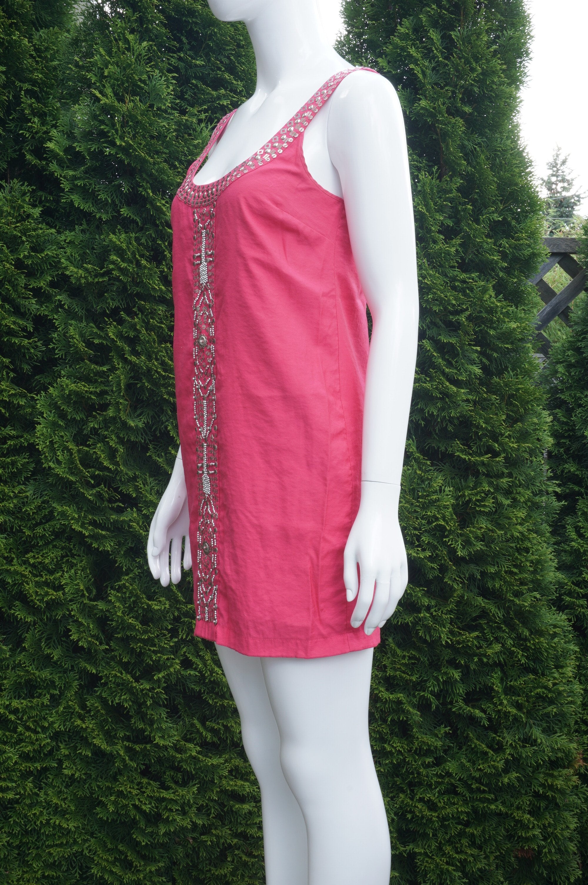 Bebe Pink Sleeveless Shift Dress With Embroidery, Bust 33 inches, length 32 inches. Lined., Pink, Body: 95% Rayon, 5% nylon. Lining: 100% Polyester, women's Dresses & Rompers, women's Pink Dresses & Rompers, Bebe women's Dresses & Rompers, tunic dress, sleeveless dress, pink dress, embroidery