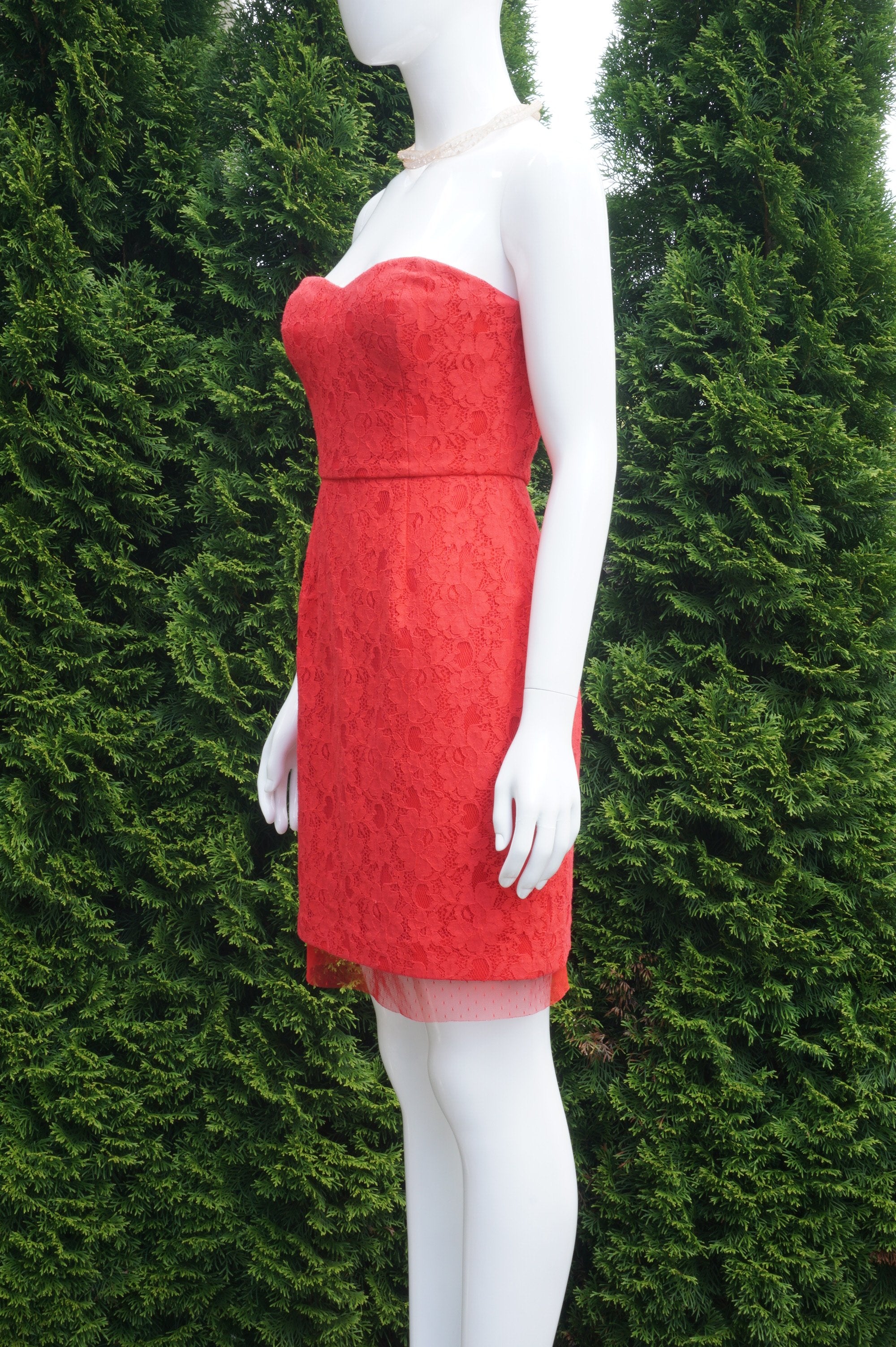BCBGMAXAZRIA Red Lace Strapless Mini Dress,  Bust 33 inches, waist 26 inches, length 30 inches. Sticky liner inside of bra cups for added security. Zipper in back., Red, Shell: 77% Cotton, 23% Nylon. Lining: 100% Polyester, women's Dresses & Rompers, women's Red Dresses & Rompers, BCBGMAXAZRIA women's Dresses & Rompers, Mini dress, lace dress, strapless dress, cocktail dress