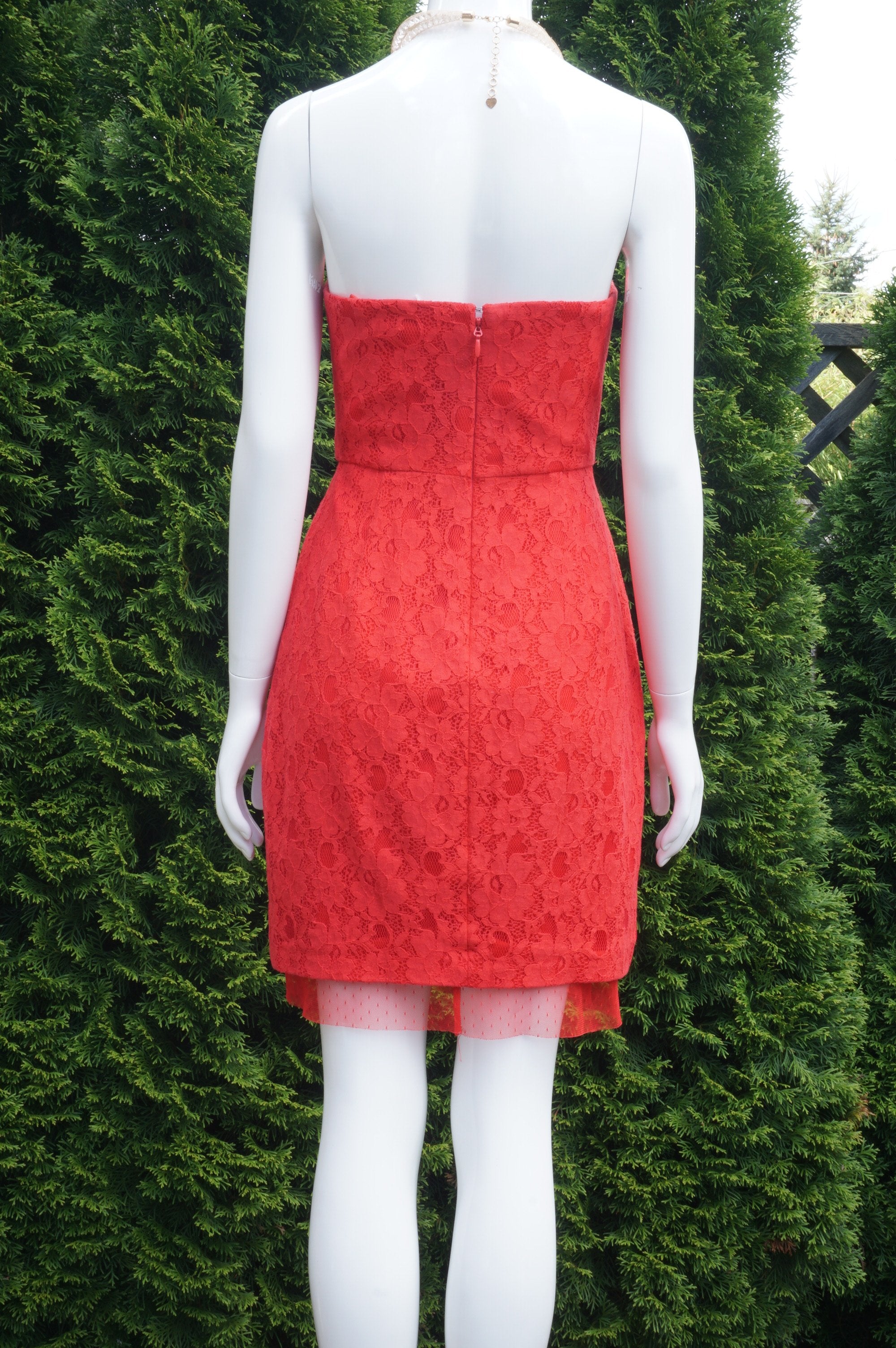 BCBGMAXAZRIA Red Lace Strapless Mini Dress,  Bust 33 inches, waist 26 inches, length 30 inches. Sticky liner inside of bra cups for added security. Zipper in back., Red, Shell: 77% Cotton, 23% Nylon. Lining: 100% Polyester, women's Dresses & Rompers, women's Red Dresses & Rompers, BCBGMAXAZRIA women's Dresses & Rompers, Mini dress, lace dress, strapless dress, cocktail dress