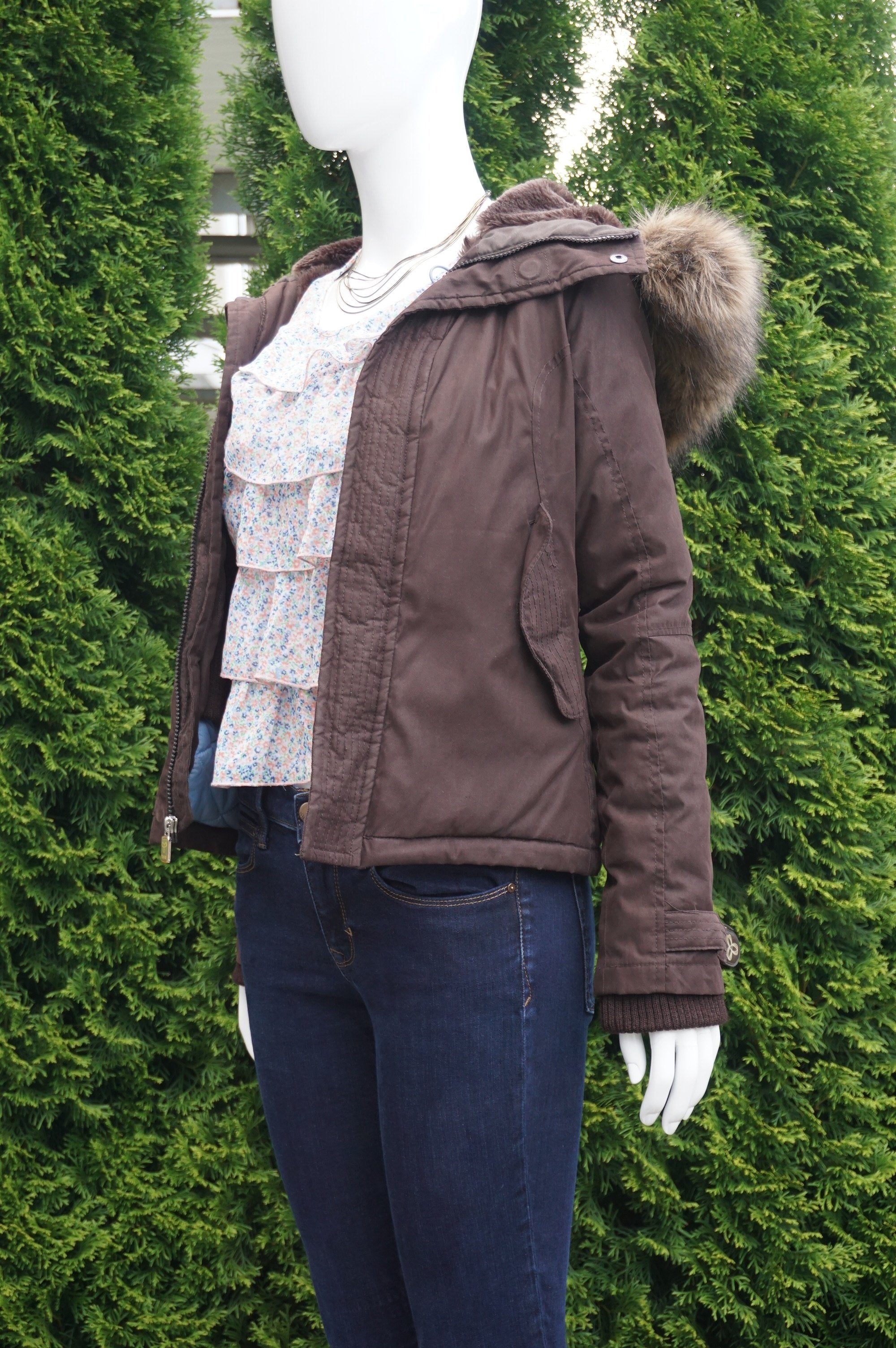 TNA Super warm hooded winter jacket, Bust 36 inches, waist 30 inches, length   inches. Signs of wearing at trims but all zippers and buttons work well. Removable faux fur hood. , Brown, Exterior: 88% Polyester, 12% Nylon. Backing: 100% Polyurethane. Upper lining: 100% Polyester, Lower Body and sleeve lining|: 100% Nylon. Filling 100% Polyester. , women's Jackets & Coats, women's Brown Jackets & Coats, TNA women's Jackets & Coats, Warm winter jacket, TNA jacket, hooded jacket, 