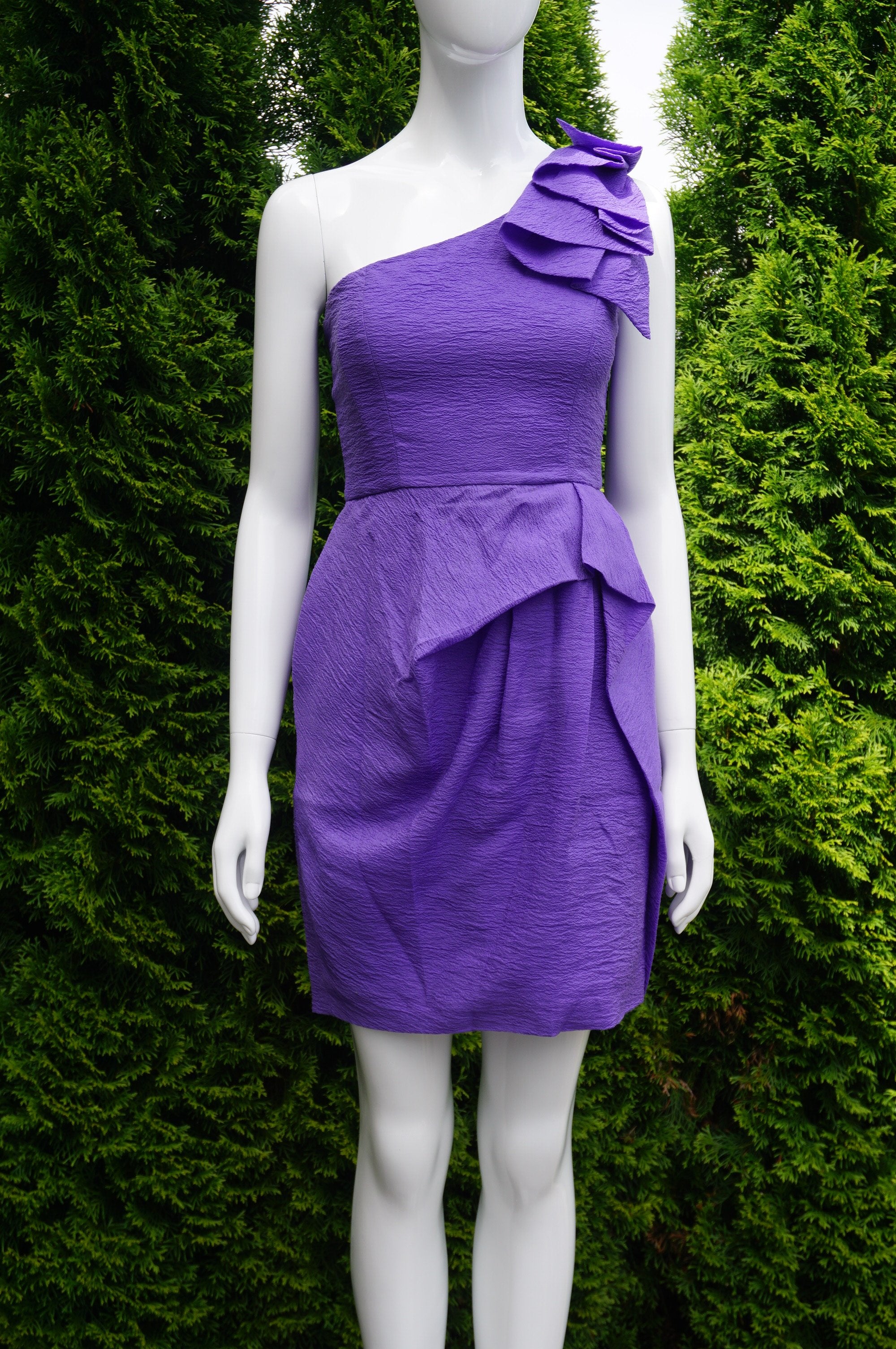 BCBCMAXAZRIA Asymmetrical 3D Ruffle One Shoulder Dress with Ruffle Pencil Skirt, Solid Purple 3D Ruffle One Shoulder Ruffle Skirt Dress, Bridemaids Purple Sheath Asymmetrical Dress, Ruffle Flower One Shoulder Purple Asymmetrical Sheath Dress
