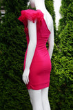 Bebe Asymmetrical 3D Ruffle Flower One Shoulder Stretchy and Flowy Bodycon Dress , This Bebe Solid Hot Pink Asymmetrical Ruffle Bodycon Dress highlights your body contours while accentuating your elegance and femininity.Ruffle Flower One Shoulder Solid Pink Asymmetrical Bodycon Dress