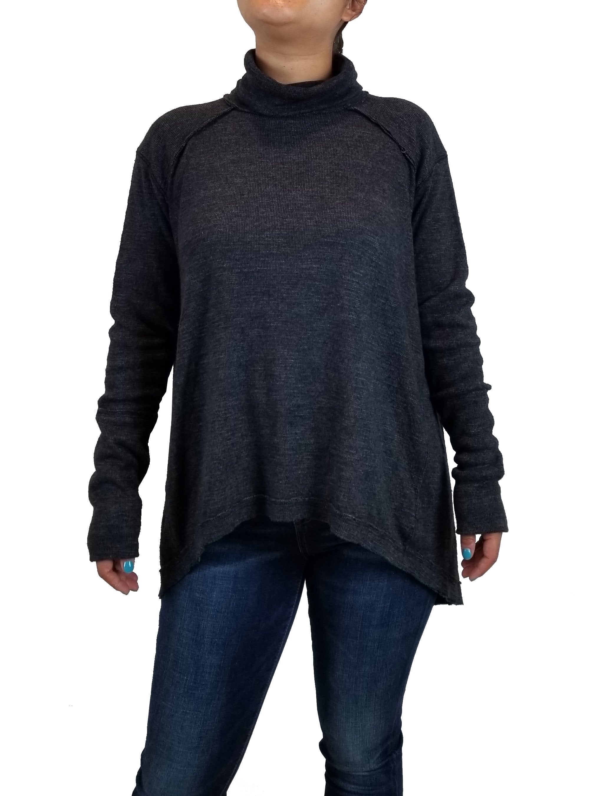 We the free Women's Turtleneck Pullover, Flowy turtleneck pullover for a comfy yet elegant look, Grey, 50% Polyester, 38% Cotton, 12% Rayon, women's Tops, women's Grey Tops, We the free women's Tops, sweater, shirt, turtleneck, loose sweater, women's black turtleneck with open back, all set black oversized backless sweater, wide cut boxy bodice